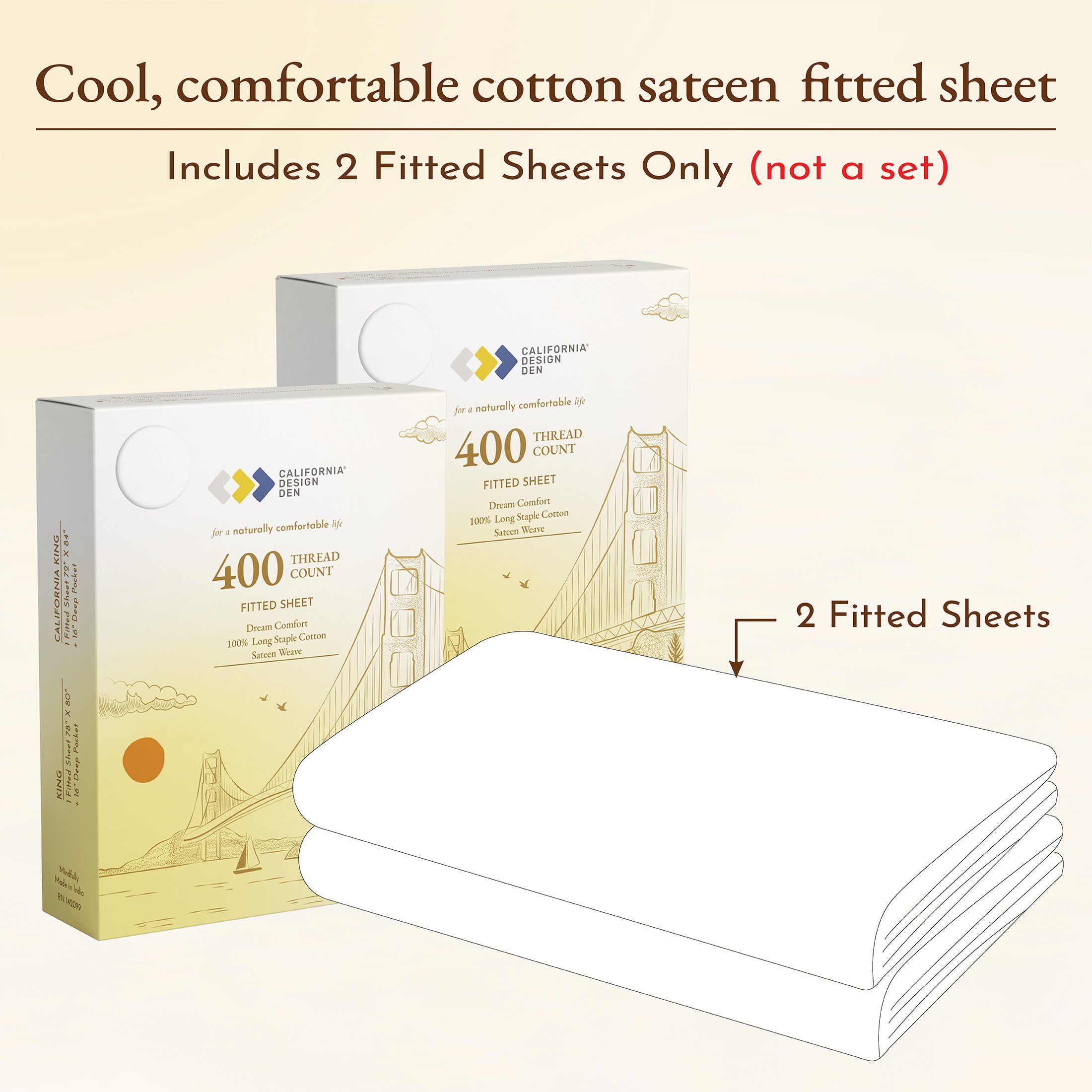 2-Pack Fitted Sheets Only - 400 Thread Count 100% Cotton Sateen - Dream Comfort