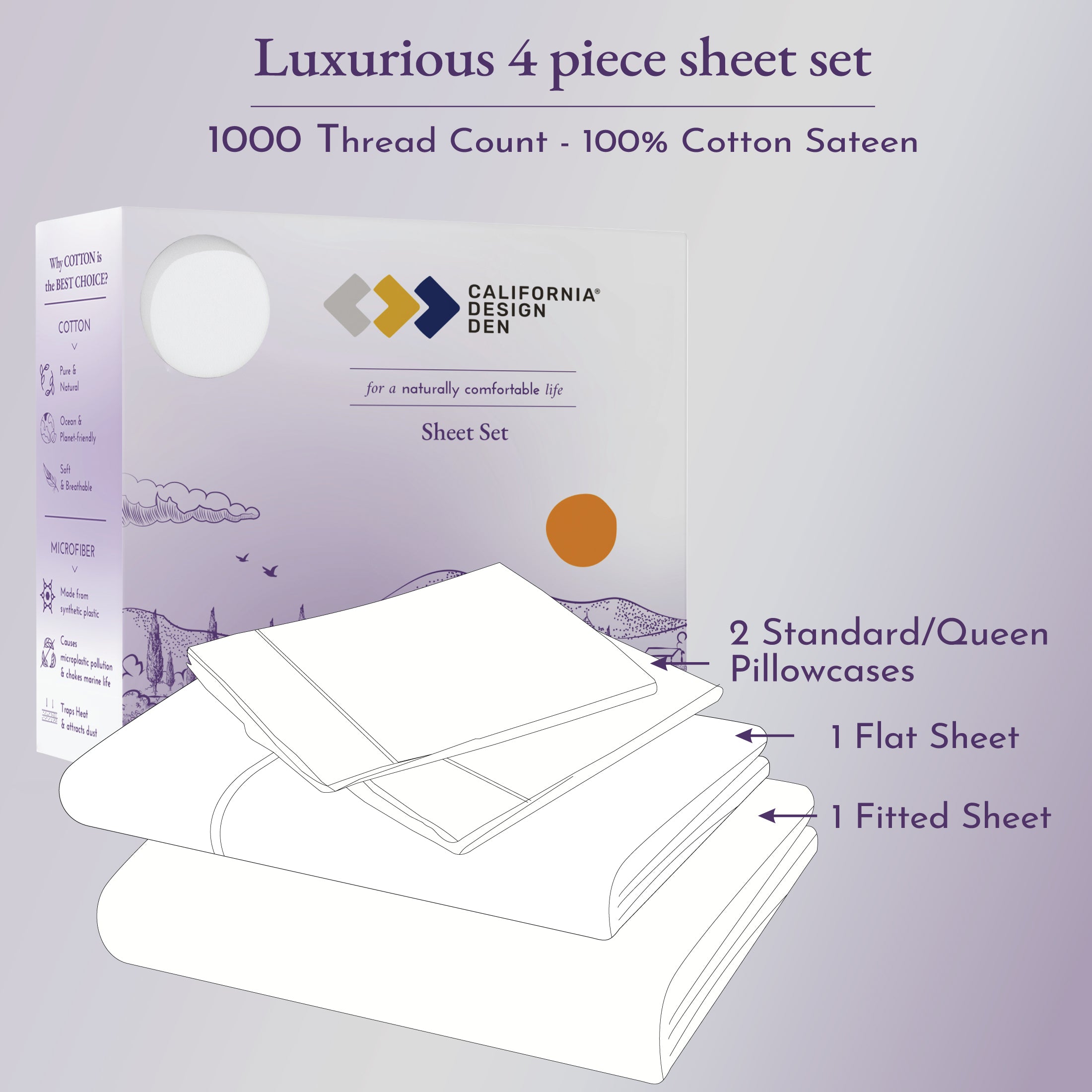 Luxury 1000 Thread Count Bed Sheets Set - 100% Cotton Sateen - Soft, Thick  & Deep Pocket By California Design Den - Bright White, Queen : Target